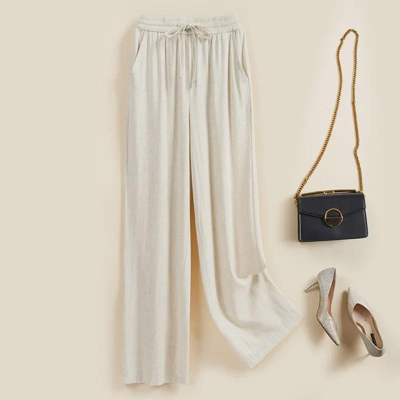 Dámské 2024 Kalhoty s vysokým pasem z lehké bavlny a lnu se širokými nohavicemi - Ležérní elastický pas, Volný střih, Všestranný design