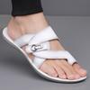 Men Black Leather Slippers Simple Flats Summer White Outdoor Brown Open Toe Wide Head Beach Shoes Plus Size