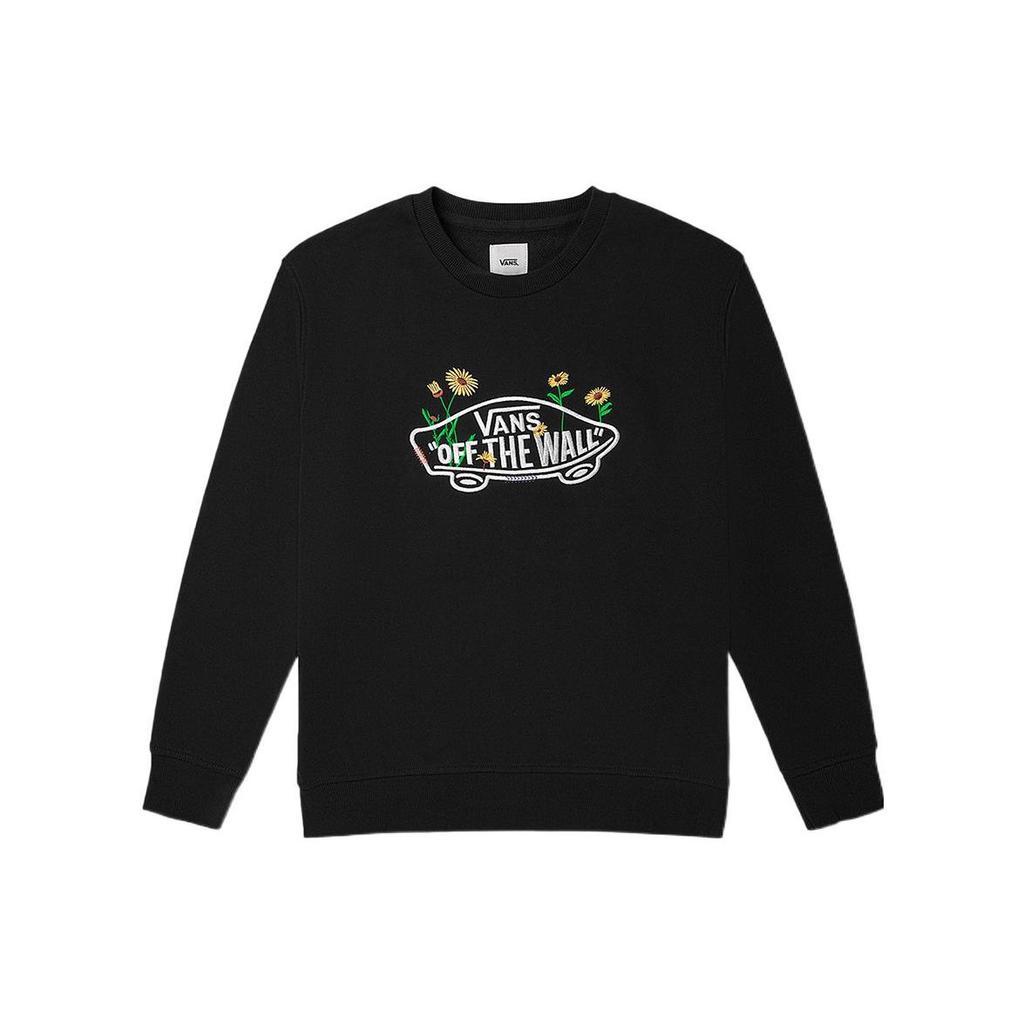 Vans Logo Daisy Embroidery Crew Neck Pullover Long Sleeve Sweatshirt Women Tops Black VN0A7Q1JBLK