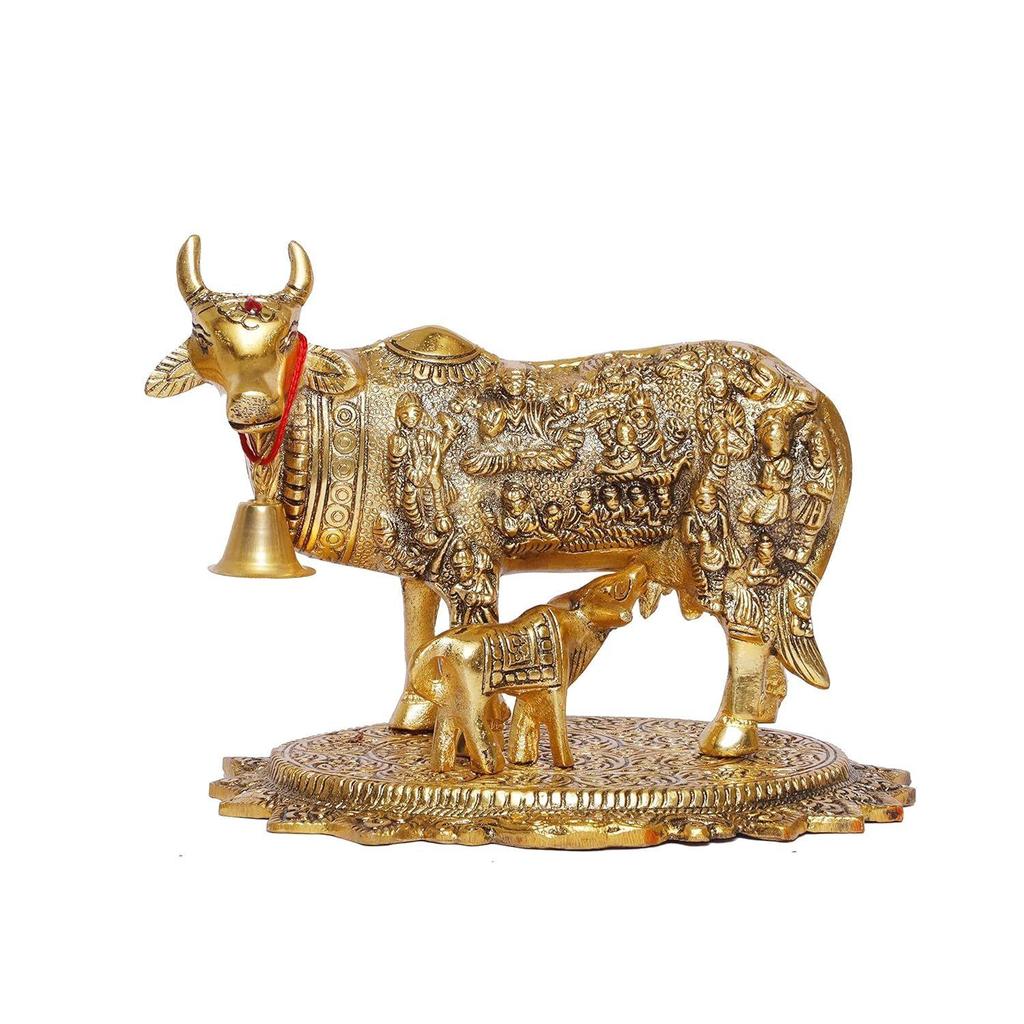 Gold Plated Kamdhenu Cow with Calf Metal Statue for Good Luck Feng Shui & Vastu Showpiece As Table Top Religious Idol