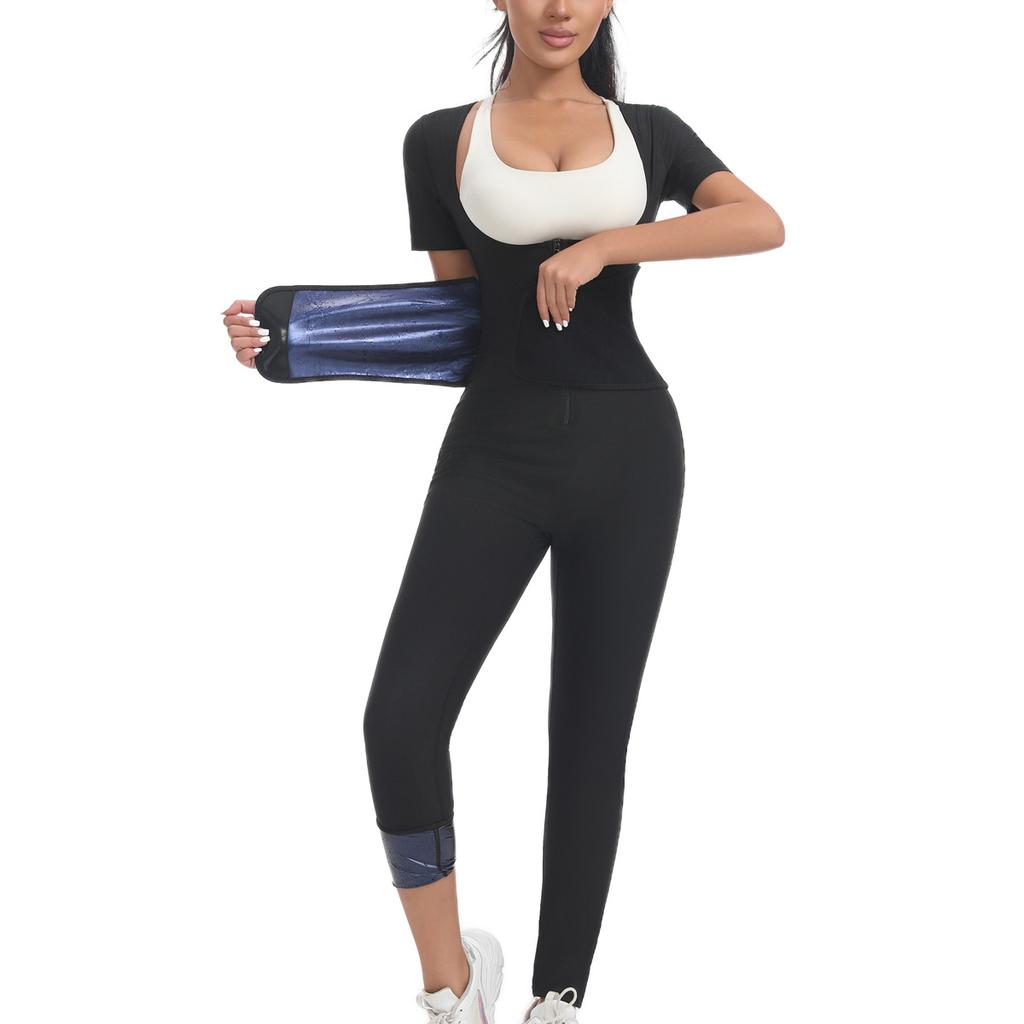 Professional Short Sleeve Sauna Jumpsuit with Adjustable Waist Trimmer Thermal Sweat Body Shaper Women Gym Workout Wear