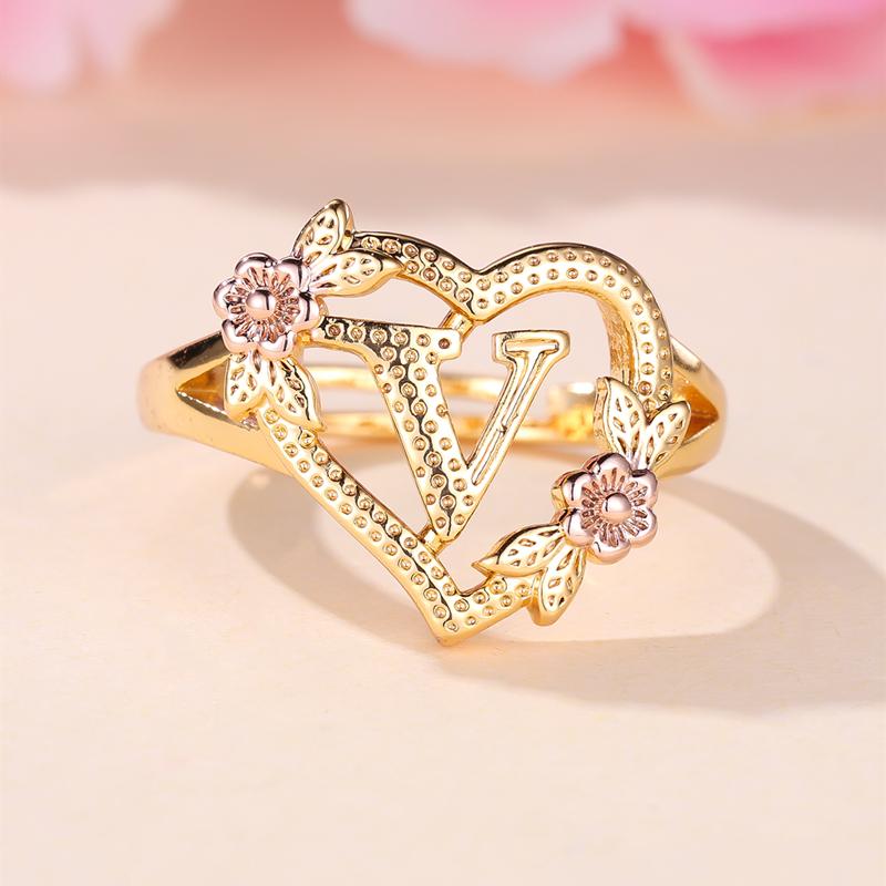 

Кольца с инициалами и цветком в форме сердца, регулируемые нежные кольца с буквами и листьями золотого цвета для женщин и девочек, ювелирные изделия с алфавитом V золотой
