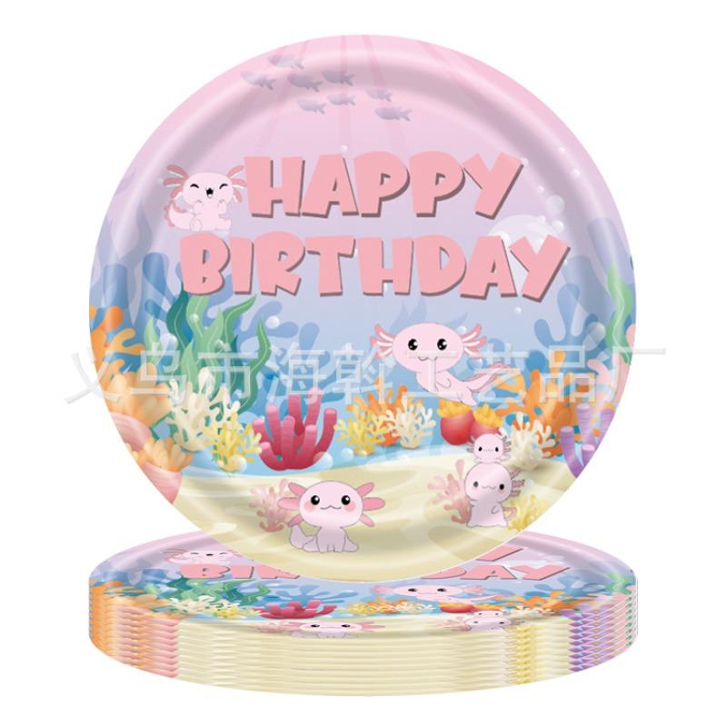 Cute pink salamander theme party decoration disposable tableware paper plate paper cup paper towel tablecloth knife fork spoon