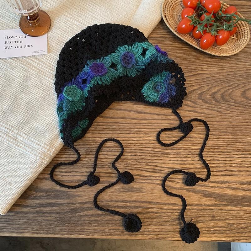 Spring and Summer Literary Colorful Flowers Hollowed Out Hat for Women Japanese Sweet and Cute Fashion Handmade Wool Knit Hat