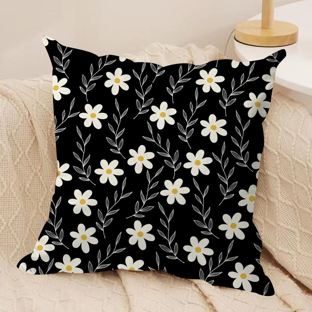 Classic Black Daisy Cushion Cover Short Plush Doublesided Print Square Throw Pillow Covers Sofa Home Cushion Decor