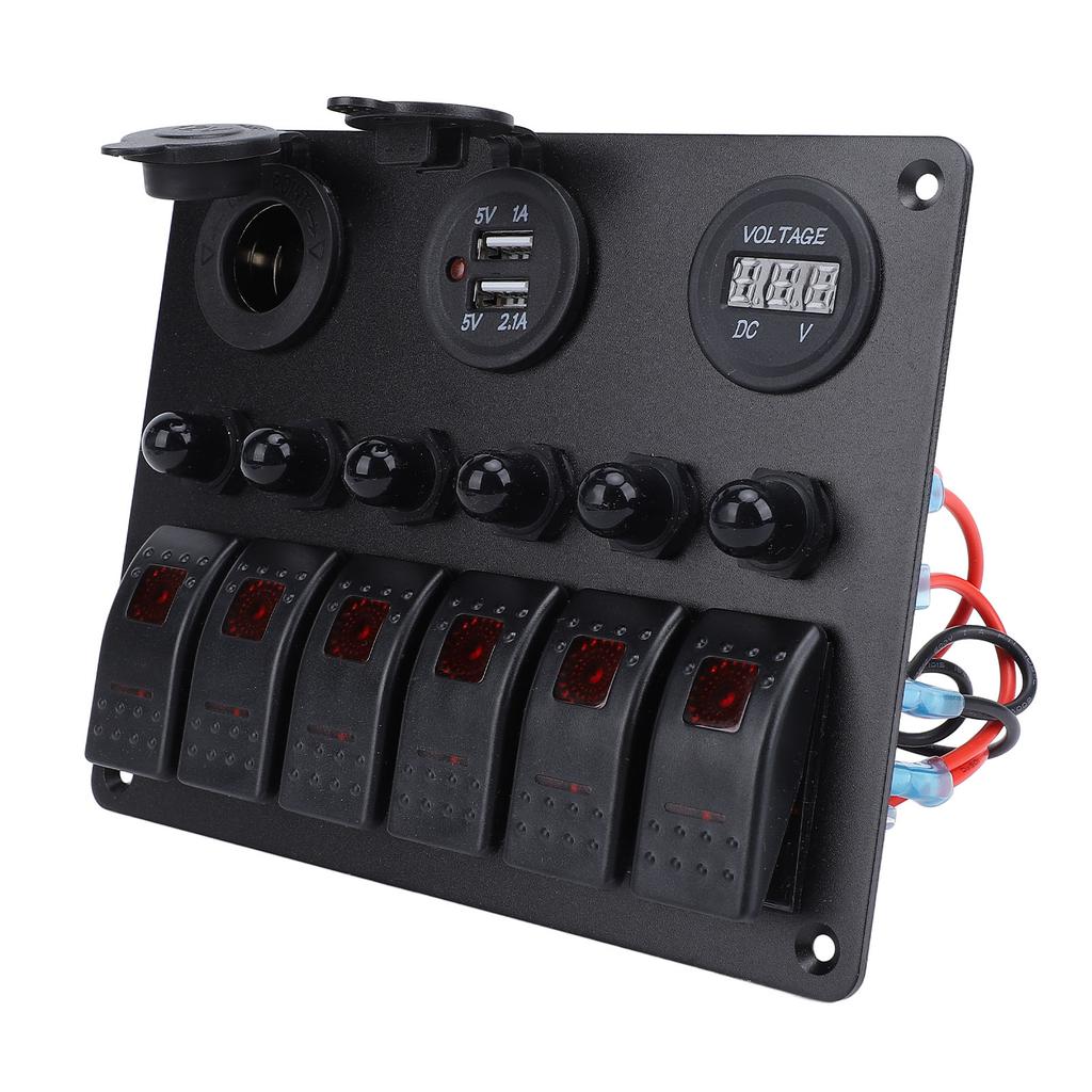 DC 12‑24V 6 Gang Rocker Switch Panel Overload Protection Dual USB Charger with Digital Voltmeter Display for Boats