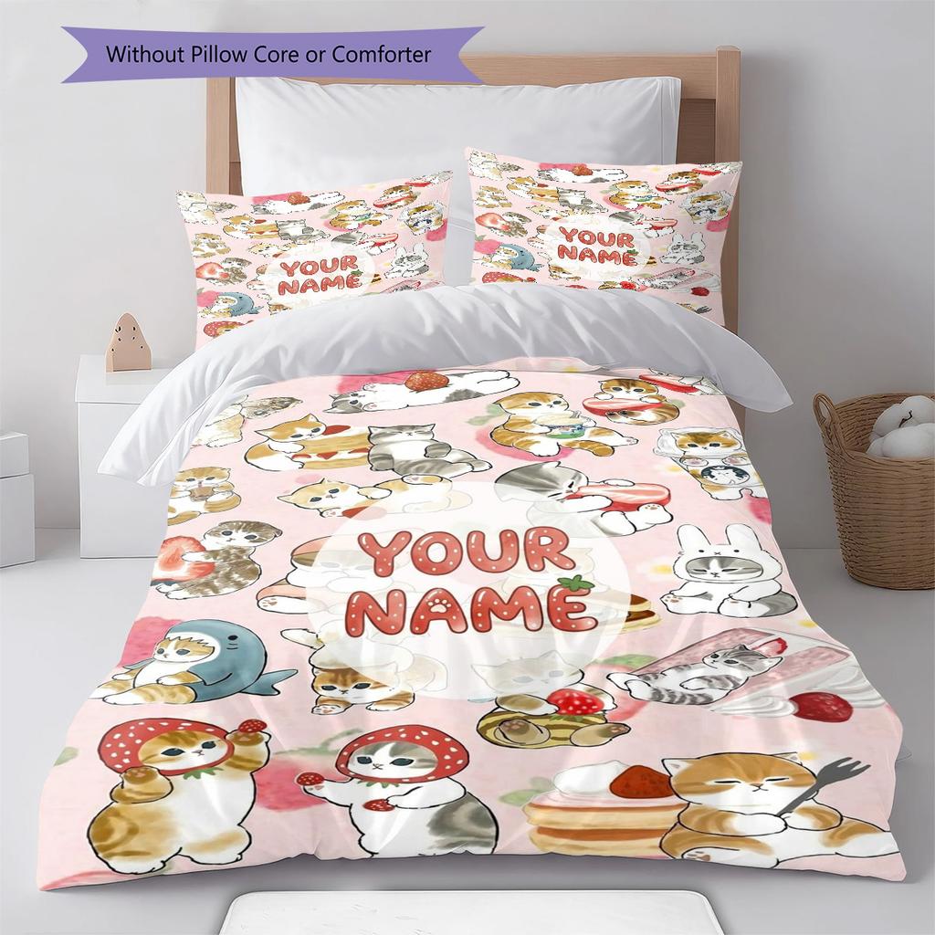 Bee Strawberry Cats Custom Name Pattern Bedding Quilt Set Quilt Cover Pillowcase Home Birthday Gift(1 * duvet cover + 2 * pillowcase, without core)