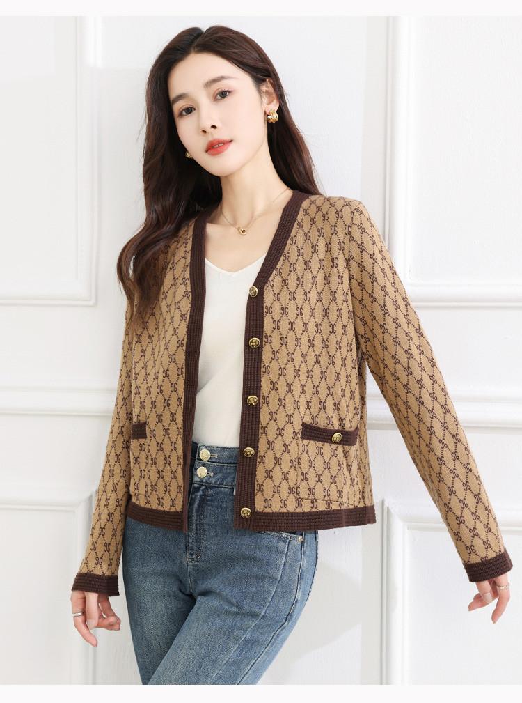 Knitted Sweater V-neck Contrasting Color Jacquard Women's Cardigan