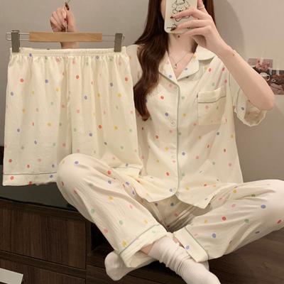 Cream Wind Color Polka Dots Spring And Summer Pajamas Women'S Short-Sleeved Three-Piece Set Simple Loungewear Cloud Cotton Set