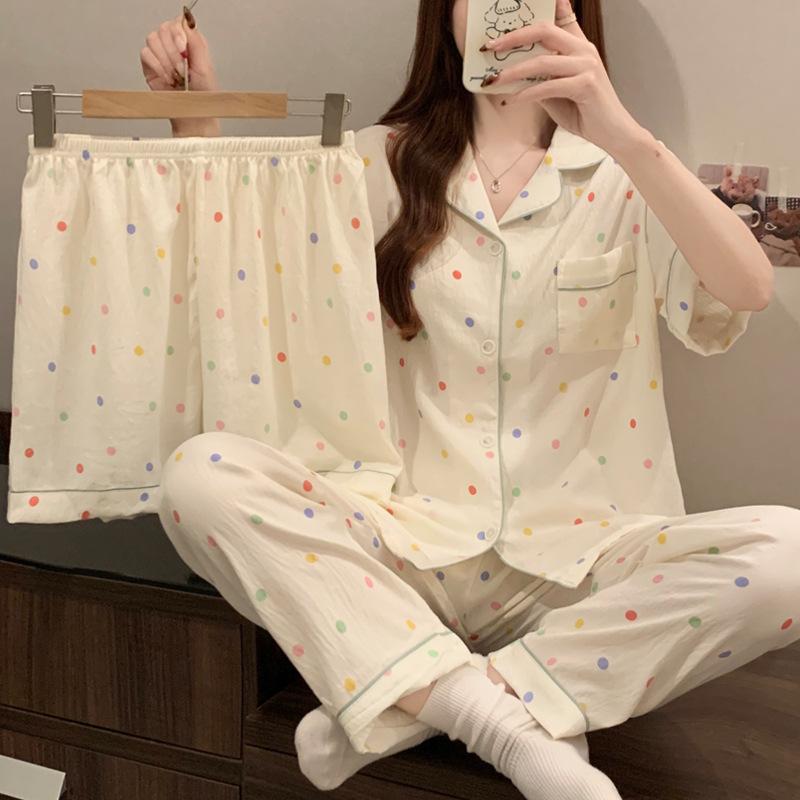Cream Wind Color Polka Dots Spring And Summer Pajamas Women'S Short-Sleeved Three-Piece Set Simple Loungewear Cloud Cotton Set