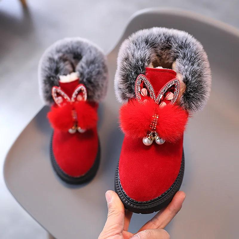 Winter Children's Snow Boots Girls Boots Princess Snow Boots Leather Sport Shoes for Girl Children Warm Boots Soft Bottom Kids Sneakers