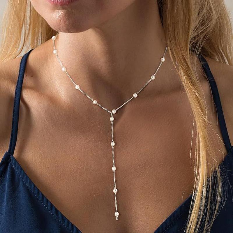 Bohemian White Imitation Pearl Y-Shaped Long Tassel Pendant Necklaces for Women Elegant Adjustable Chokers Chain Wedding Jewelry