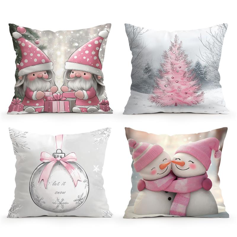 Home Decor Pink Gnome & Snowman Christmas Pillows Pattern Cushion Cover Suitable for Sofa Bedroom Car Pillow Cover
