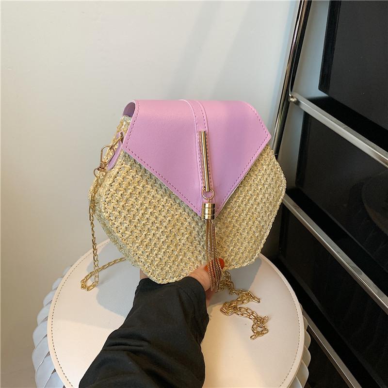Summer Straw Bag Women Hexagon Chain Crossbody Bag Handmade Weaven Shoulder Bag Fashion Tassel Messenger Bag