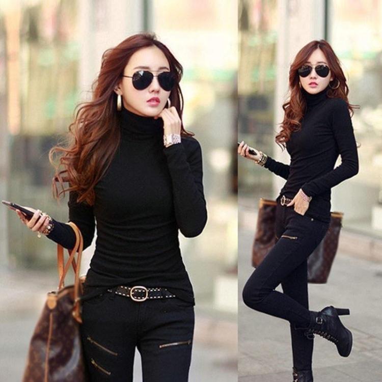 Women Stretch Cotton Turtleneck Long Sleeve Blouse Base Tops