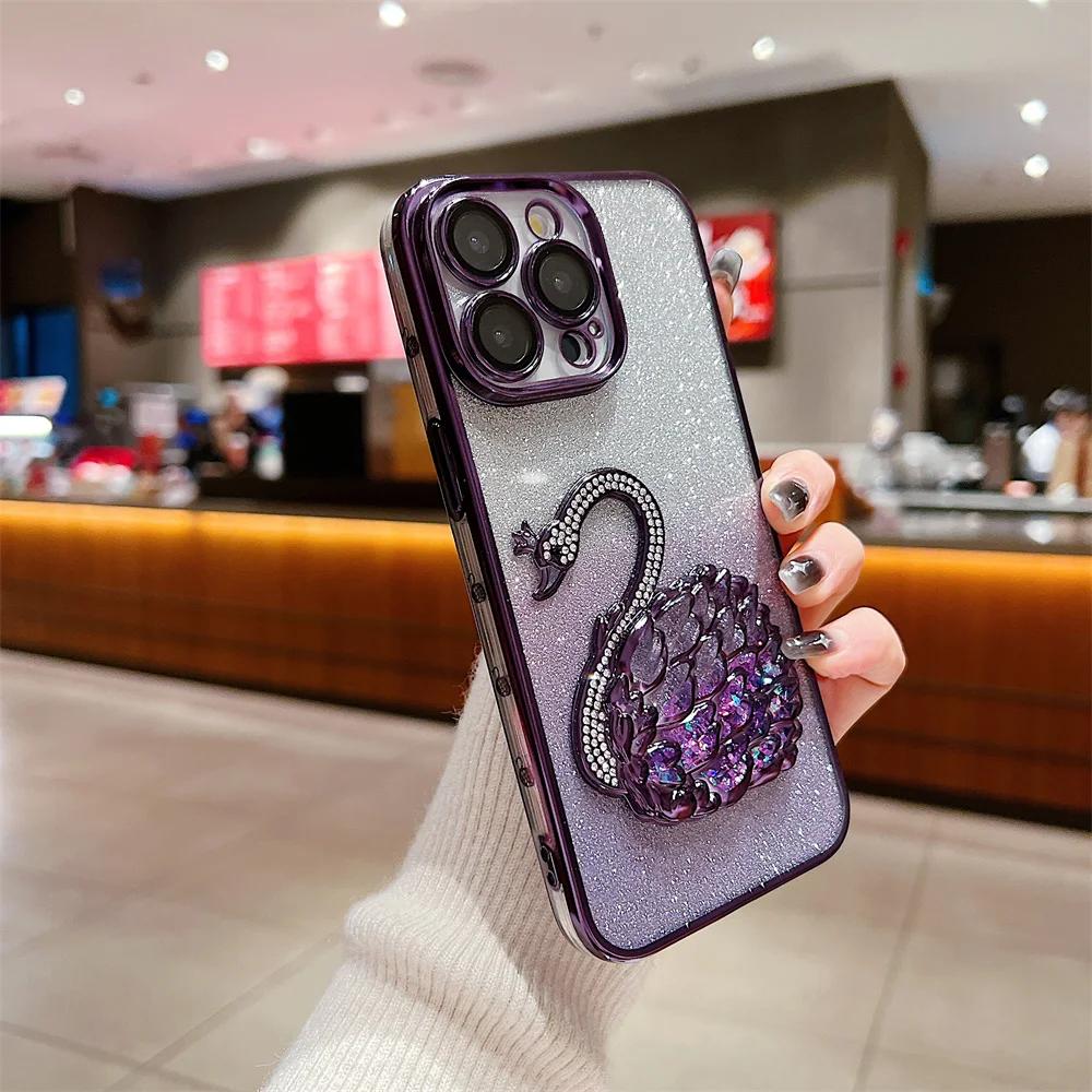 Gradient Diamond Swan Holder Case For iPhone 17 Air 16 15 ProMax 14 13 12 Pro Max Plus 11 Glitter Quicksand Silicone Soft Cover