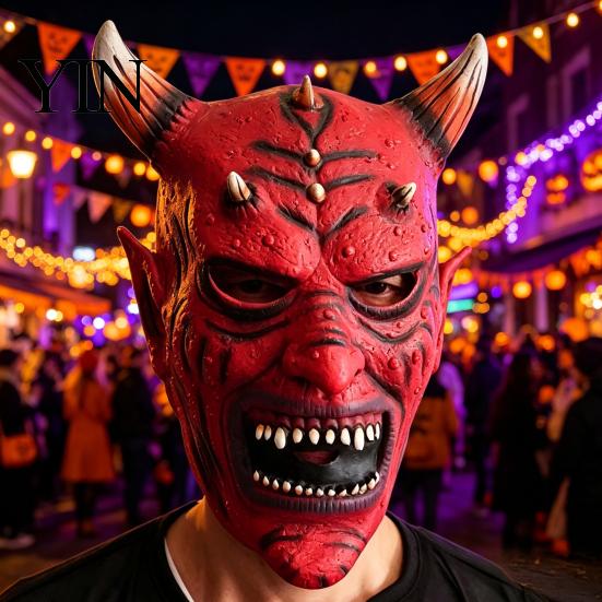 Comfortable Horror Props for Adults Red Devil Masque, Scary Demon Full Face Masque with Reusable Events Horn, Adult Latex Cosplay Costume Halloween,