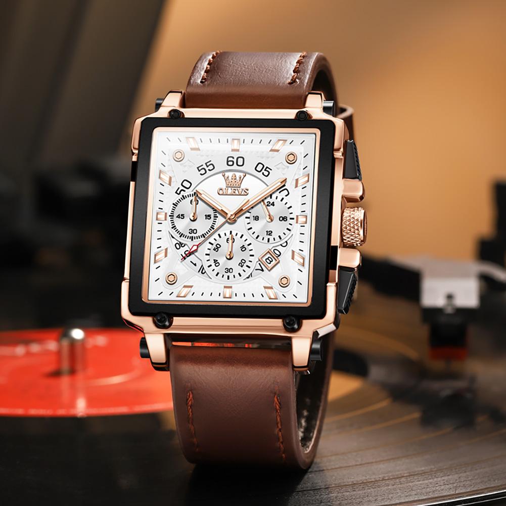 OLEVS 9919 OEM-Logo Armband Klassische Uhr Echtes Leder Kalender Multifunktionaler Chronograph Quadratische Quarzuhr für Mann