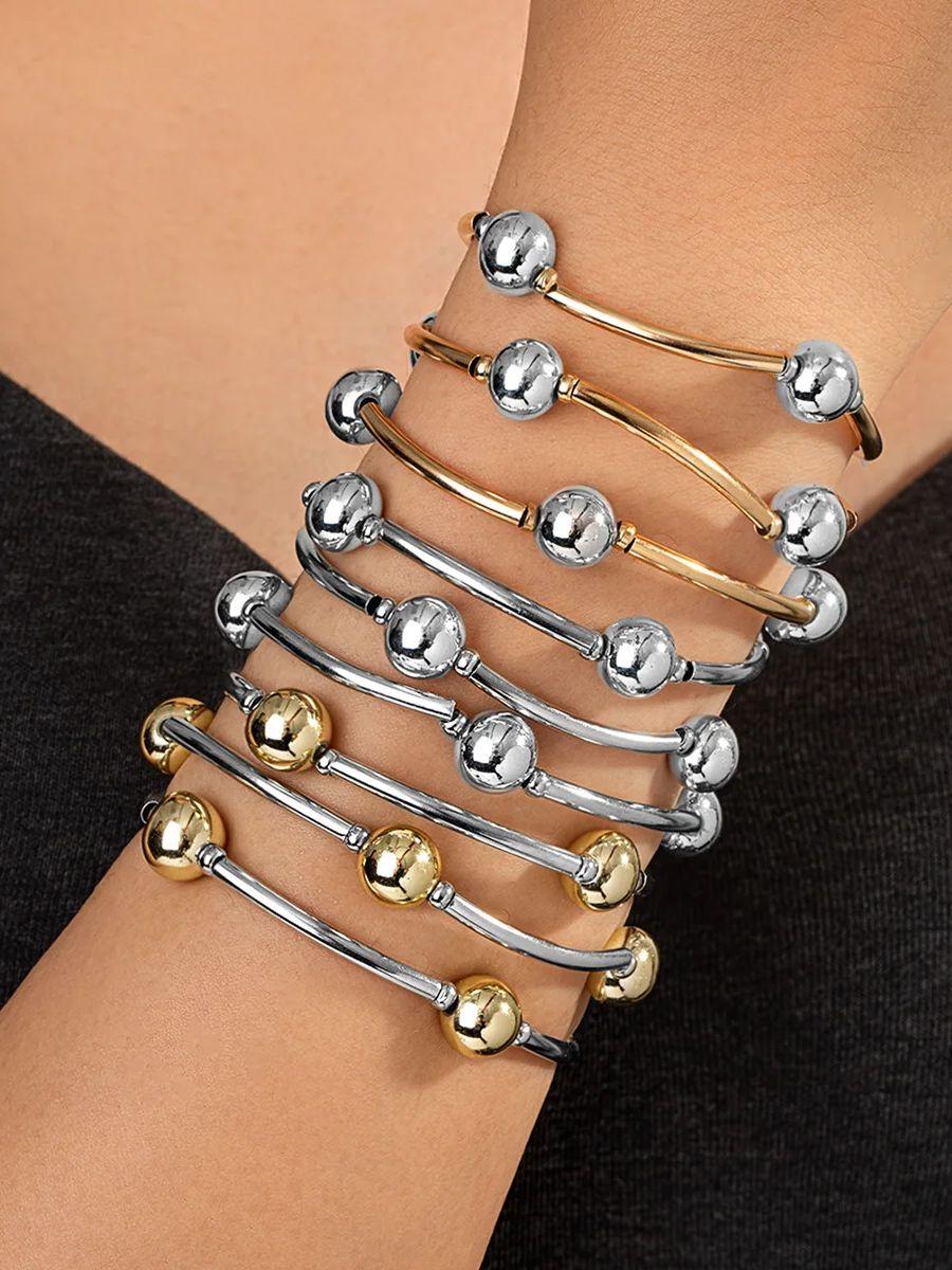 Multi-layer gold and silver two-tone beaded bracelet set, women s multi-layer metal rod open-ended bracelet