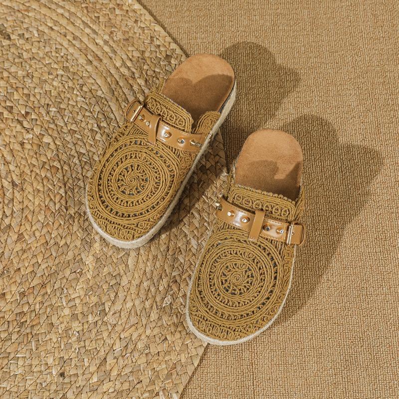 Fashion Flat Shoes Female Slippers Women Summer Slides Fretwork Heels Loafers Cover Toe Fabric Rubber PU Scandals Cotton Round Slippers