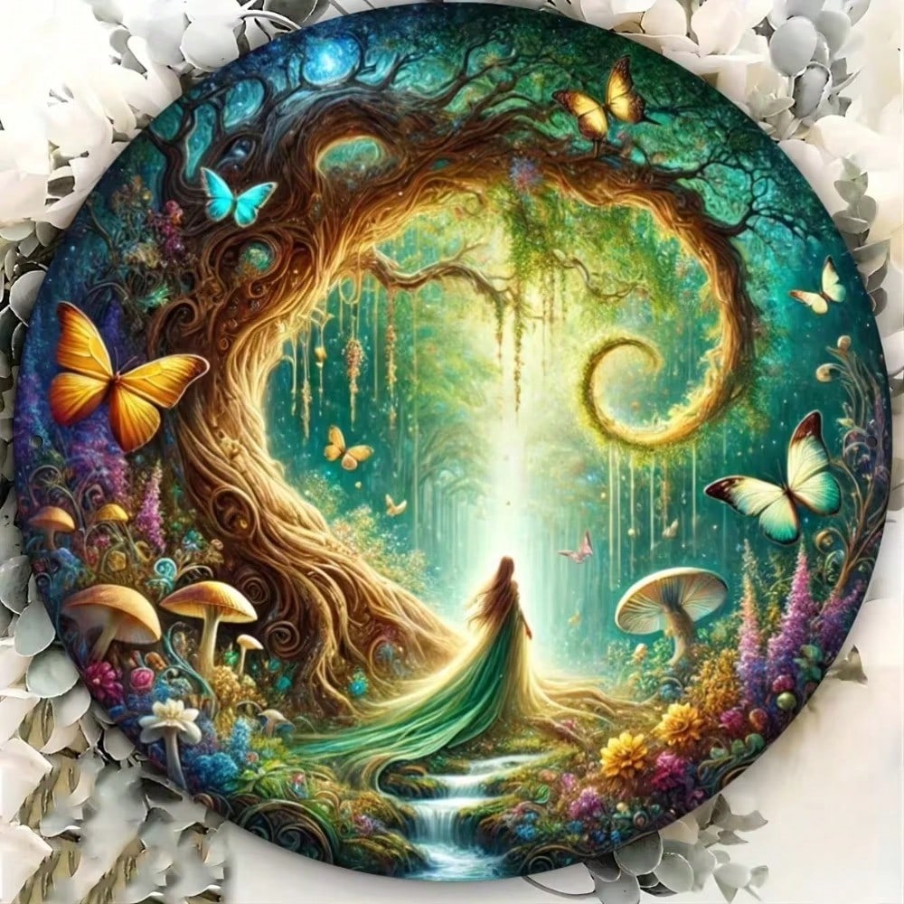 

Forest Fairy Metal Round Wall Art, 2D Enchanted Garden Circle Decor, Nature-Inspired Ornament for Home Living 20x20 белый