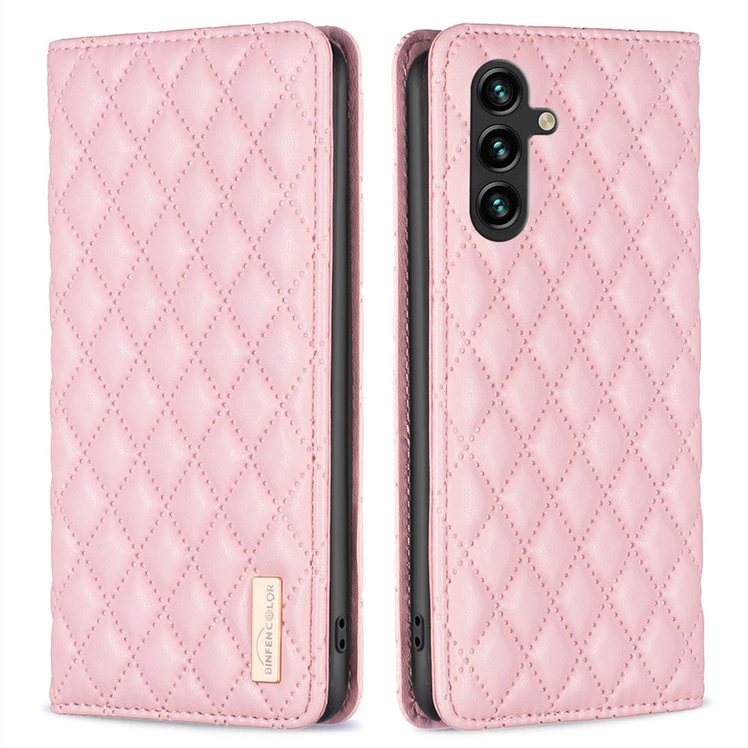 

BINFEN COLOR BF Style-16 For Samsung Galaxy A56 5G Case Card Slots Rhombus Leather Cover Pink