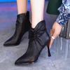 Fashion High Heel Ankle Boots Women's Autumn and Winter New Pointed Toe Brown Boots Zipper Leather Sexy Pleated Designer Boots Mujer