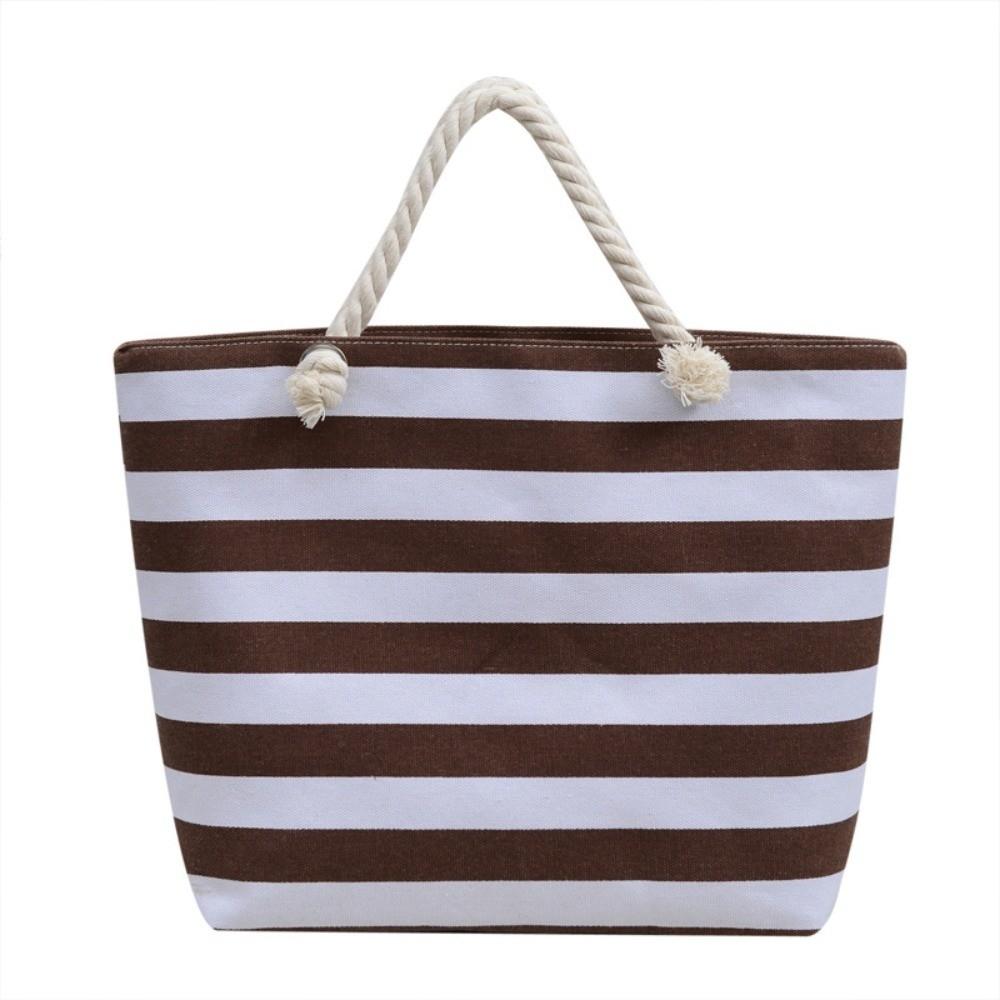 Striped Beach Tote Bag Large Capacity Foldable Travel Handbag Zipper Canvas Shoulder Bag For Travel Work Beach Gym Store