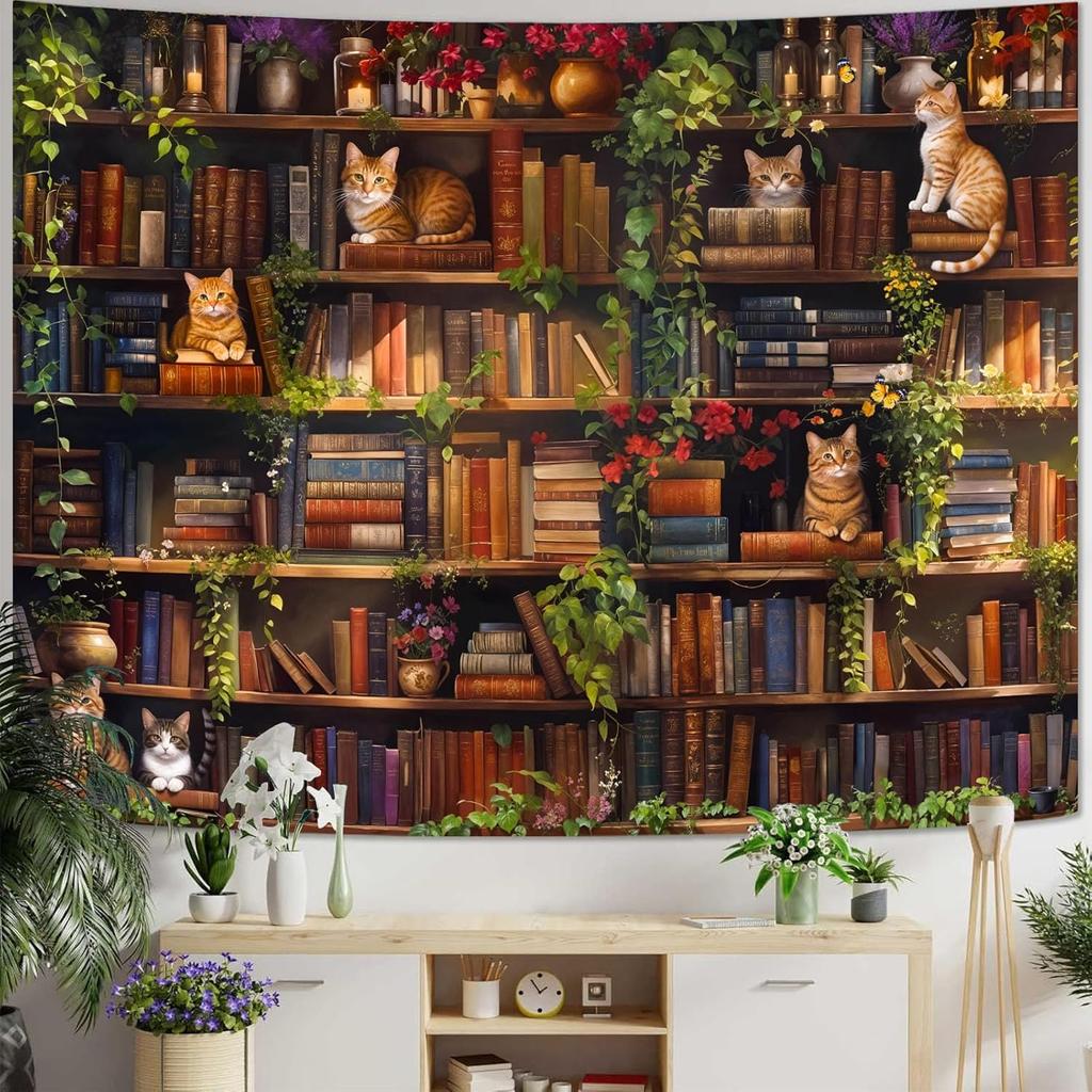 Forest Library Tapestry Tree Bookshelf Tapestries Wall Hanging Vintage Fantasy Fairy Treehouse Book Large Tapestry for Bedroom
