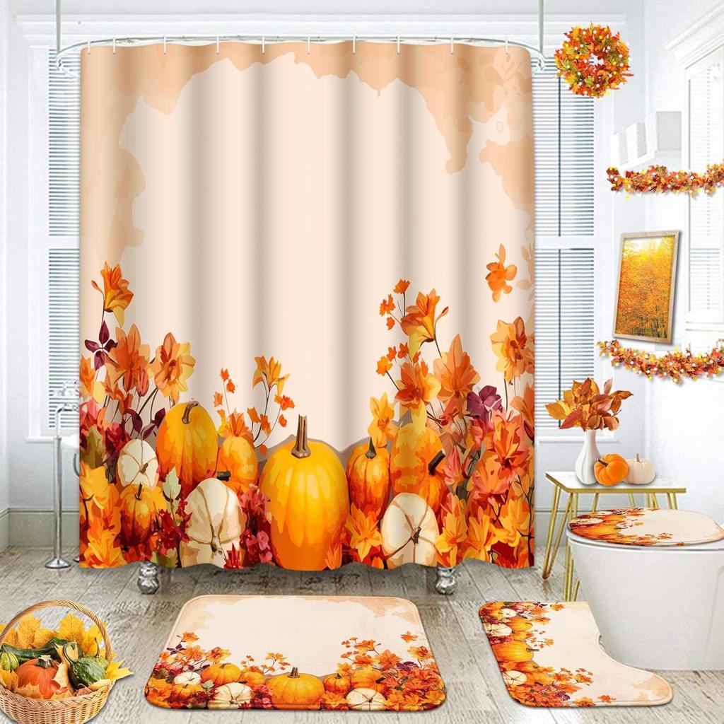 Halloween Shower Curtain Sets With Rugs Black Pumpkin Bathroom Set With Non-Slip Rug, Toilet Lid Cover, Bath Mat And 12 Hooks