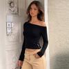 French Design Slanted Shoulder Long-sleeved Top Women's Autumn New Product Slim and Thin Elastic Bottom T-shirt
