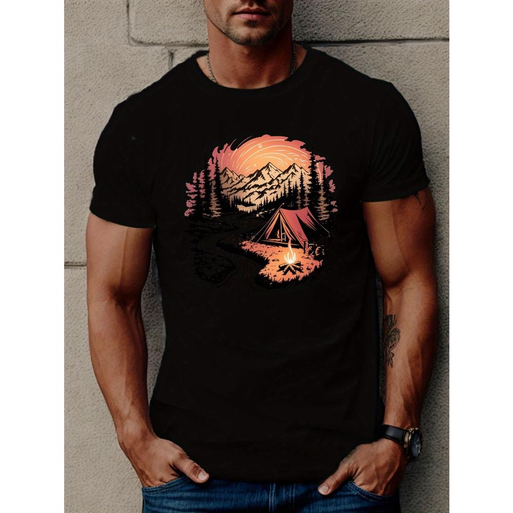 

European sizes Men s Short Sleeve Summer & Spring Crew Neck Tee - Comfort Fit, Mountains And Rivers Creative Print Novelty T-Shirt For Daily Wear 4XL чорний