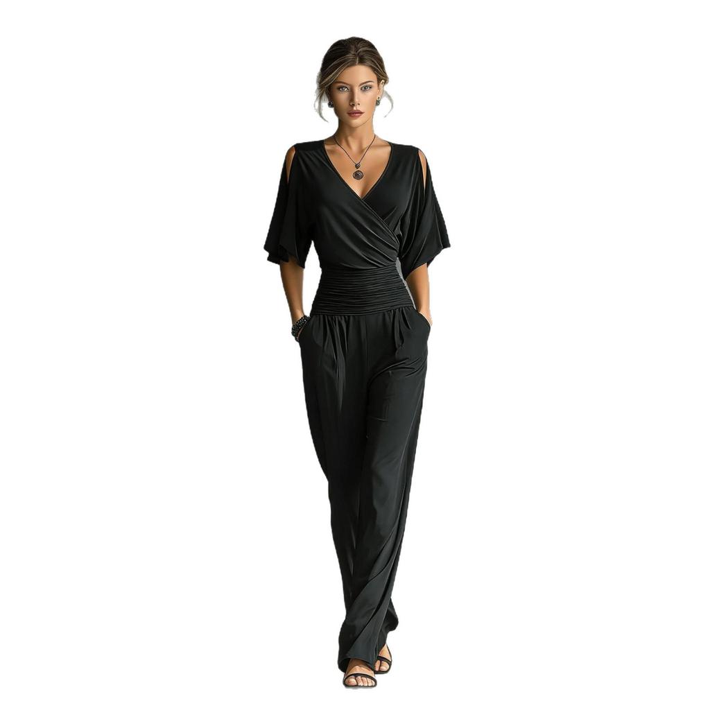 Women's V Neck One Shoulder Wide Leg Jumpsuit Solid Khaki Casual Outfit