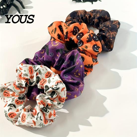 Stretchy Hair Elastics Halloween Ties, High Elasticity Scrunchies, Soft Bands with Ghost Witch Tie Hat Bat Spider Web Design, Pleated Ponytail