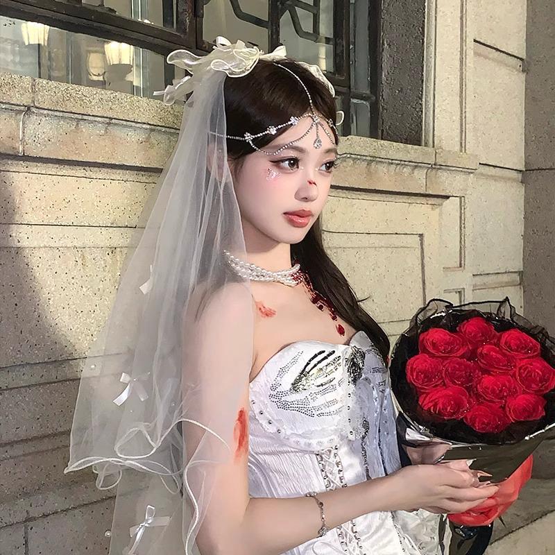 Fairy White Bow Pearl Hair Clip Veil for Brides and Halloween