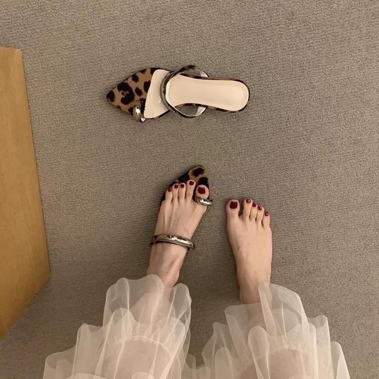Leopard Print Toe Slippers Female Outer Wear Fairy Metal Buckle Fashion Slope Heel Pointed Toe Cover Cool Slippers