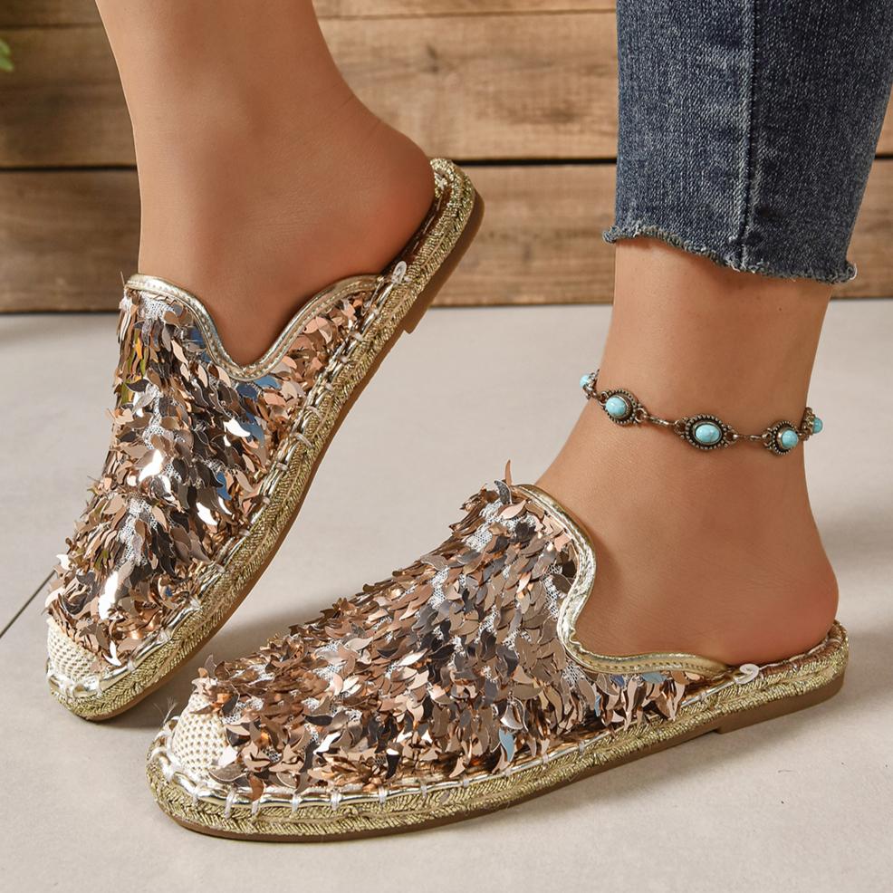 

Женские тапочки с блестками, плоские, повседневные тапочки баотоу, 2025, летняя новая обувь, женские легкие уличные сандалии, шлепанцы женские 35