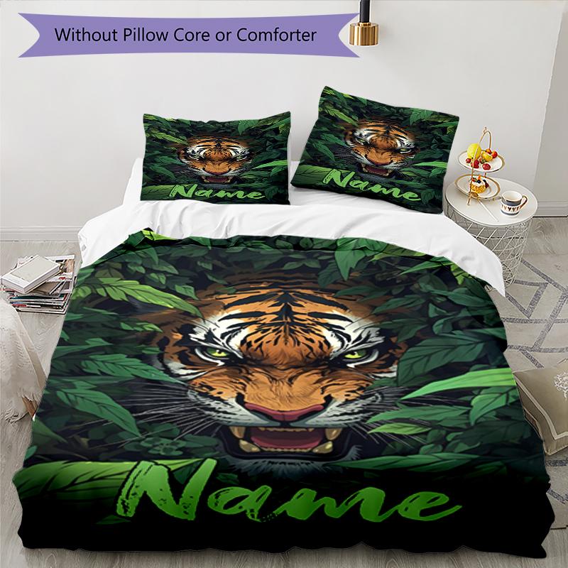 3pcs Custom Name Tiger Bedding Set Duvet Cover Closure Includes 1 Duvet Cover & 2 Pillowcases, Soft and Comfortable for All Seasons.
