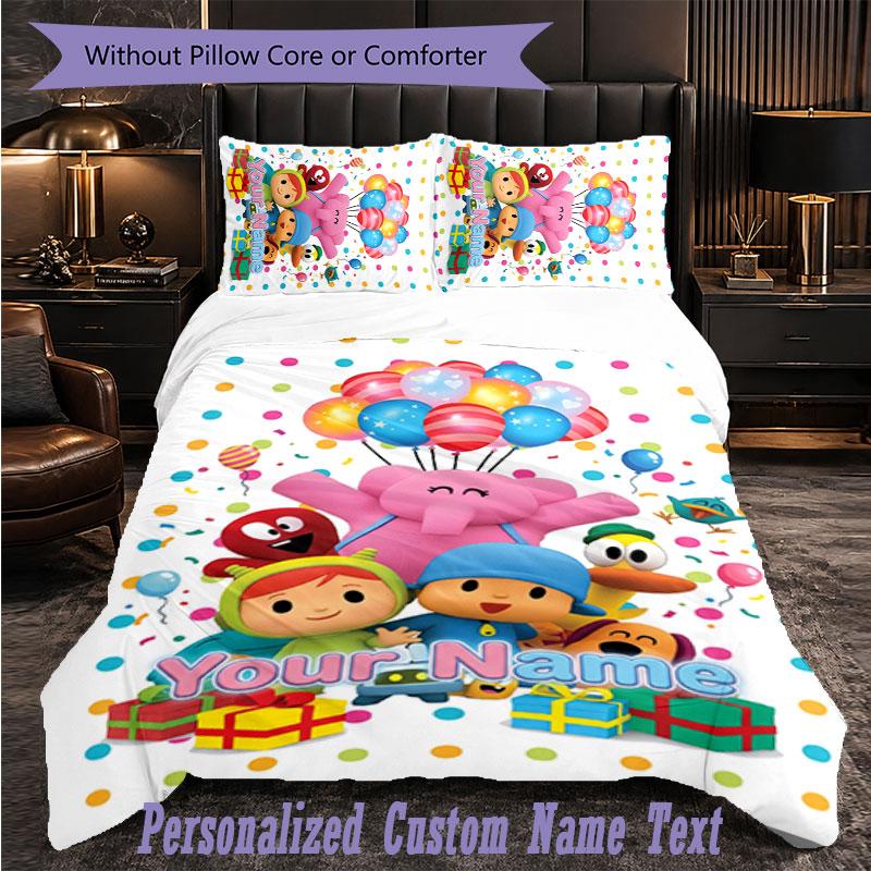 Personalized 3Pcs Bedding SetPocoyó Custom Text Duvet Cover Pillowcase Set Bedroom Gift
