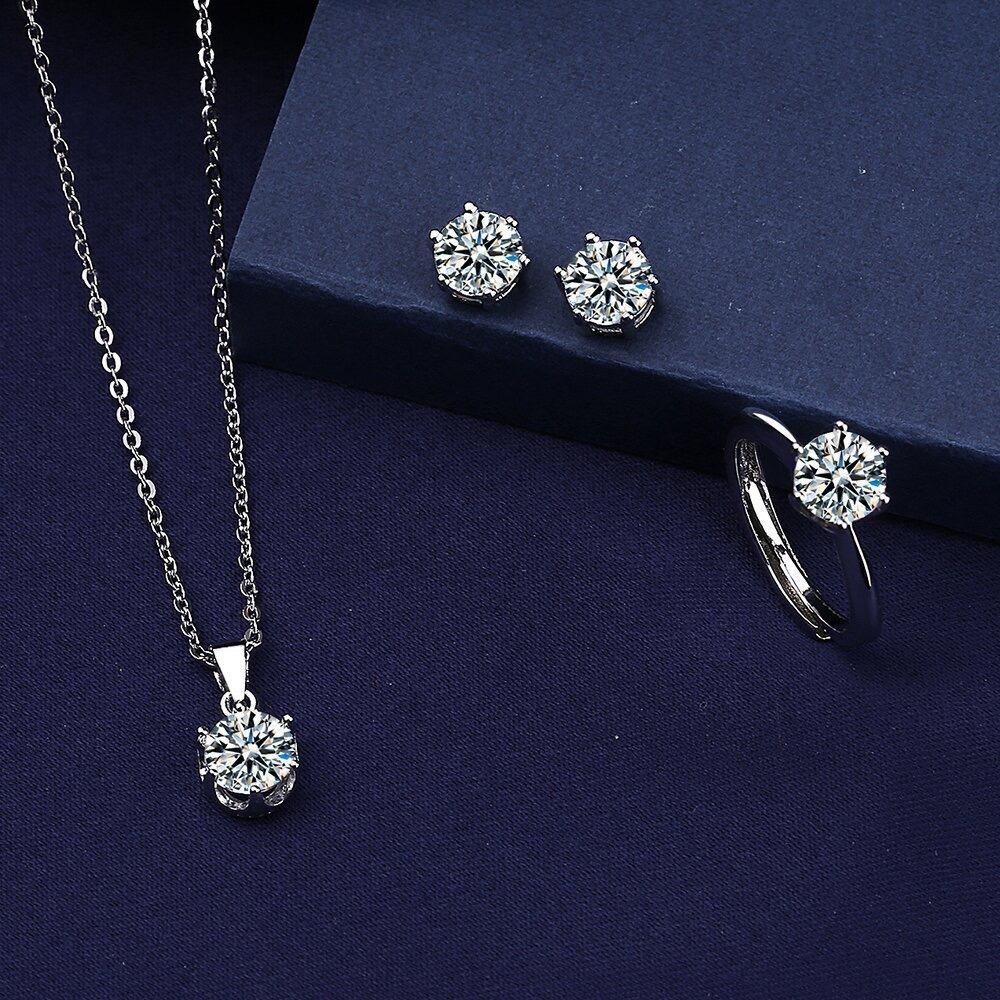 Luxury Six-clawed Moissanite Necklace Ring Earring Set 1-carat Shiny Wedding Jewelry for Women Bride