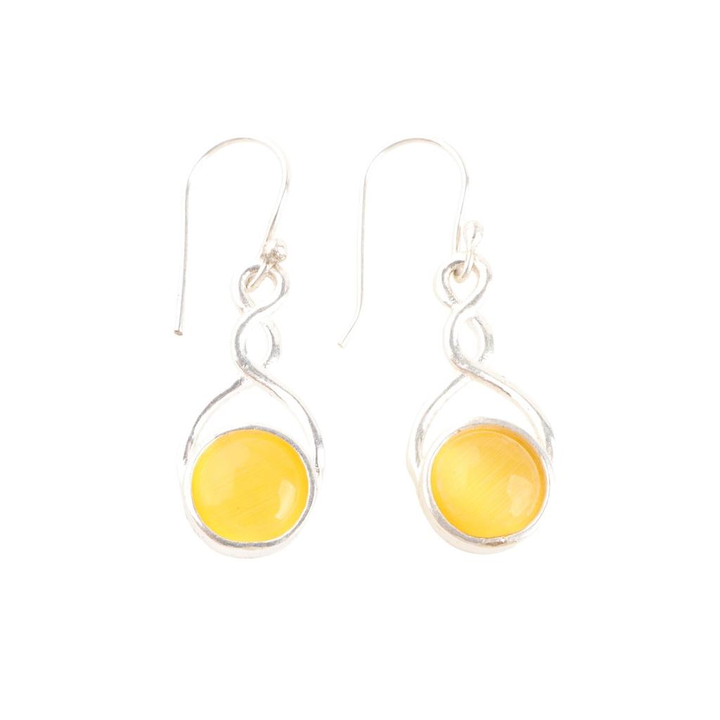 Round Shape Yellow Cat's Eye Gemstone 925 Stamped Silver Handmade Earrings 1.68" CE-15-41