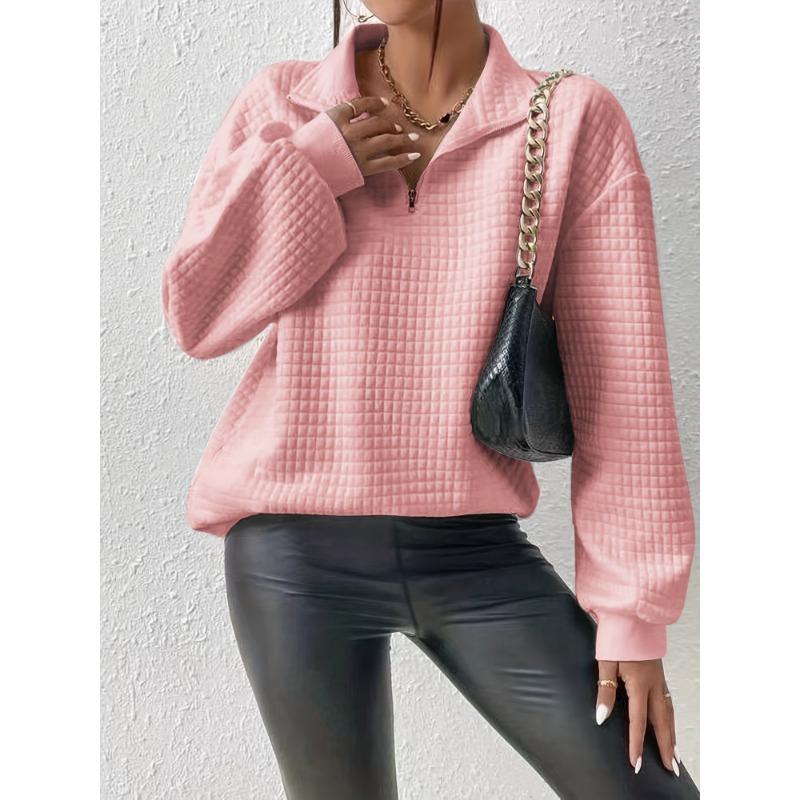 Mikina pulovr se čtvrtinovým zipem s vaflovou mřížkou, ležérní mikina s dlouhým rukávem a klopou na podzim a zimu, dámské oblečení