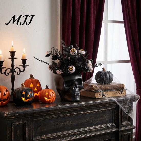 Durable Plastic Skull Spooky Figurine, Black Red Rose Creepy Eyeballs Skeleton Halloween Ornament Table Centerpiece for Tabletop, Desk, Mantel, Shelf,