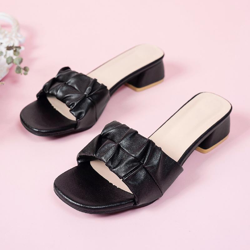 

Large size pleated slippers women s new thick heel open toe one-word drag fashion wear high heel cool slippers women 42 чорний