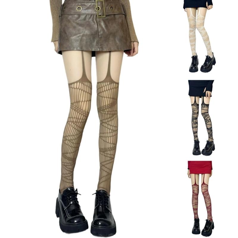 Patterned High Waist Fishnet Pantyhose for Women Aesthetic Garter Belt Thigh High Stockings Sheer Suspender Pantyhose
