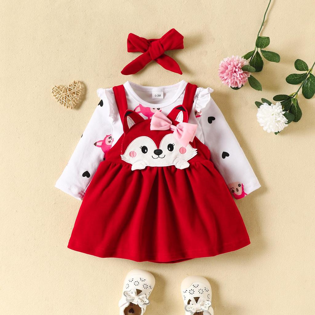 2023 Fall/Winter Baby & Toddler Fox Heart Print Long Sleeve Bodysuit with Bow Strap Dress Set