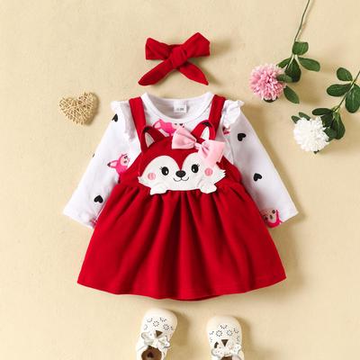Mädchen Herbst/Winter Romper-Set mit Herz- und Tierstickerei mit Fuchs Latzrock Kleid