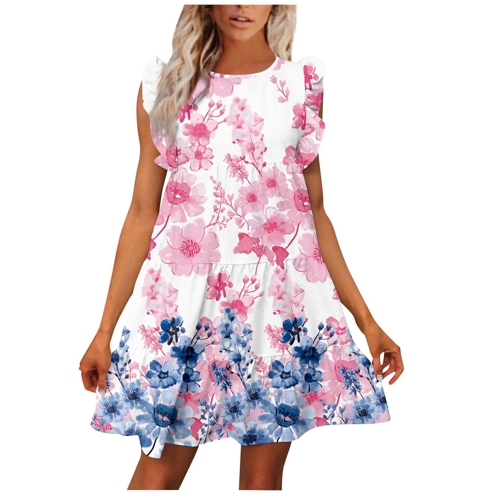 

Женские повседневные летние платья с рюшами и круглым вырезом с коротким рукавом M