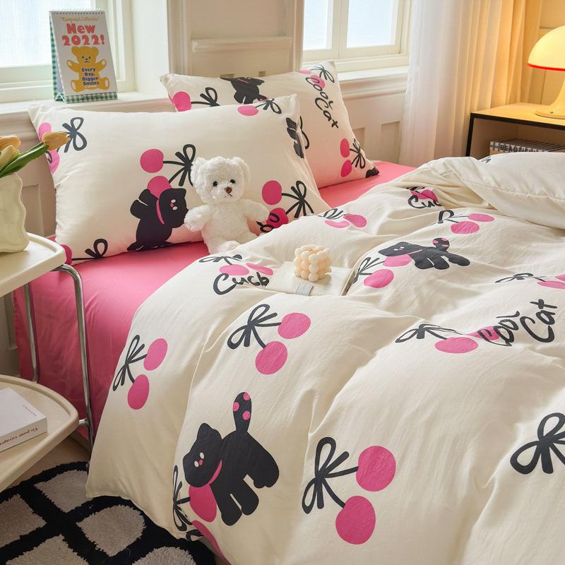 Small Clear Four-piece Set of Washed Cotton Sheets, Quilt Cover Three-piece Set of Bedding