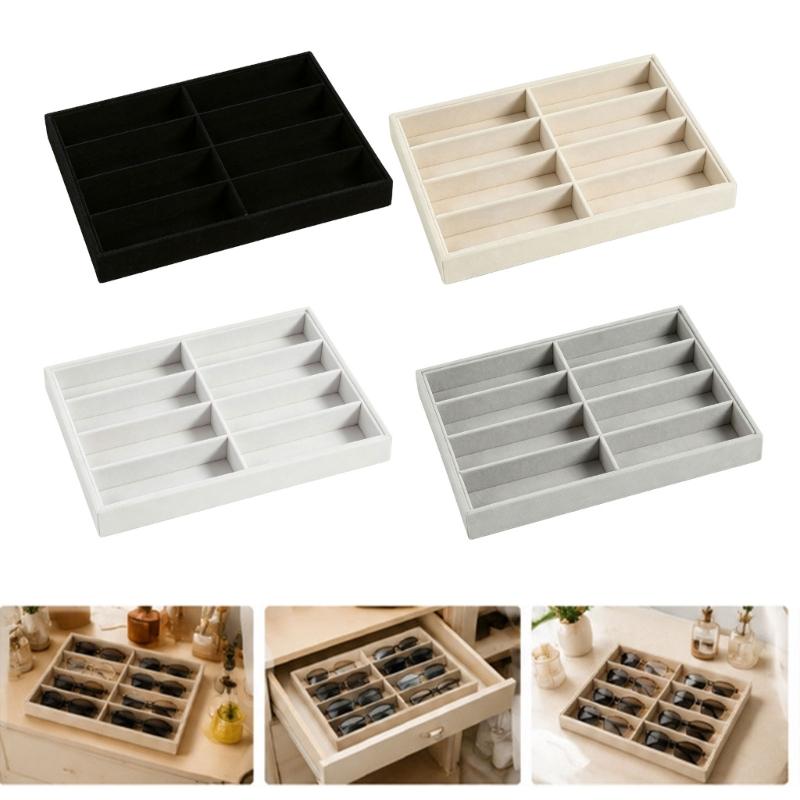 Open Glasses Storage Tray with 8 Separate Compartments, Single-Level Fabric-Covered Layout for Visible Eyewear Storage